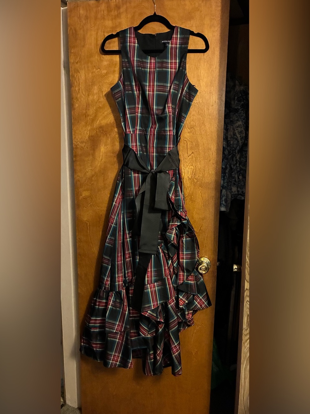 Boston Proper Red and Green Plaid High-Low Ruffle Dress with Black Waist Tie